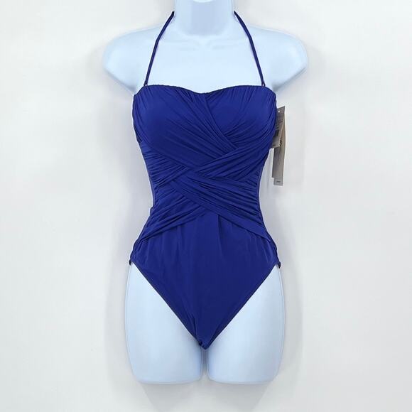 GOTTEX Lattice Gathered One Piece Swimsuit Womens 8 Blue Strapless Convertible - Picture 4 of 16